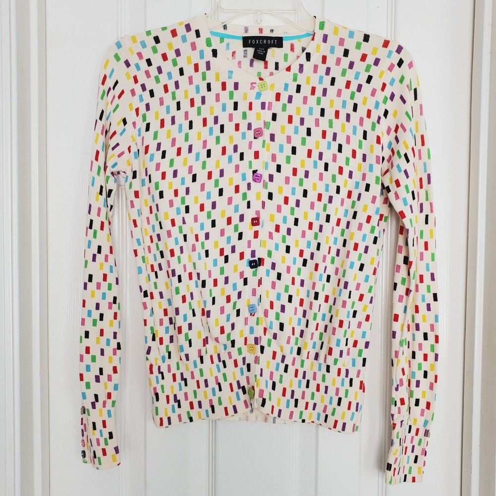 Foxcroft Cardigan Sweater Cream Multi Color Confetti Geometric Button Front PXS